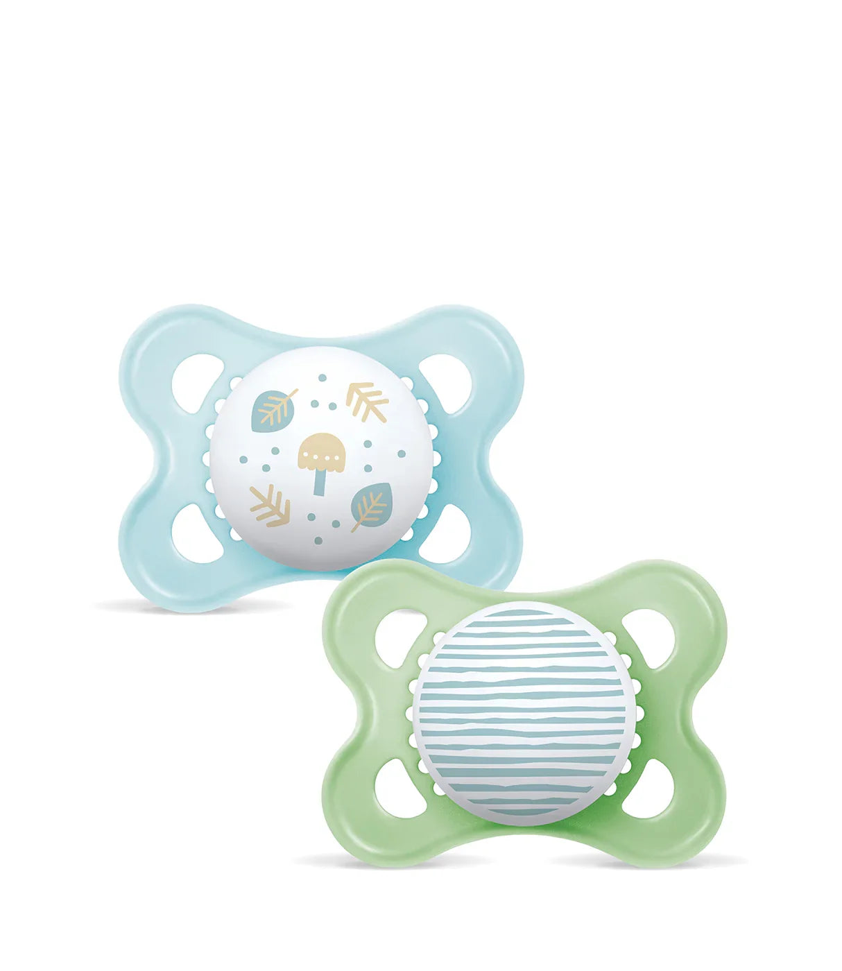 זוג מוצצים לתינוק בצבעים ירוק ותכלת, אחד עם דוגמת פטריה ועלים, השני עם פסים עדינים