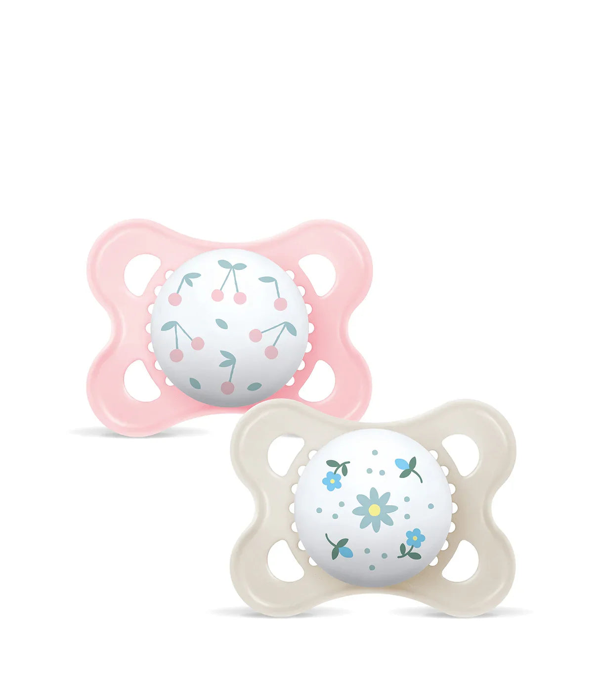מוצצים לתינוקות בעיצוב פרחוני בצבעי ורוד ובז', אחד עם דובדבנים ואחד עם פרחים
