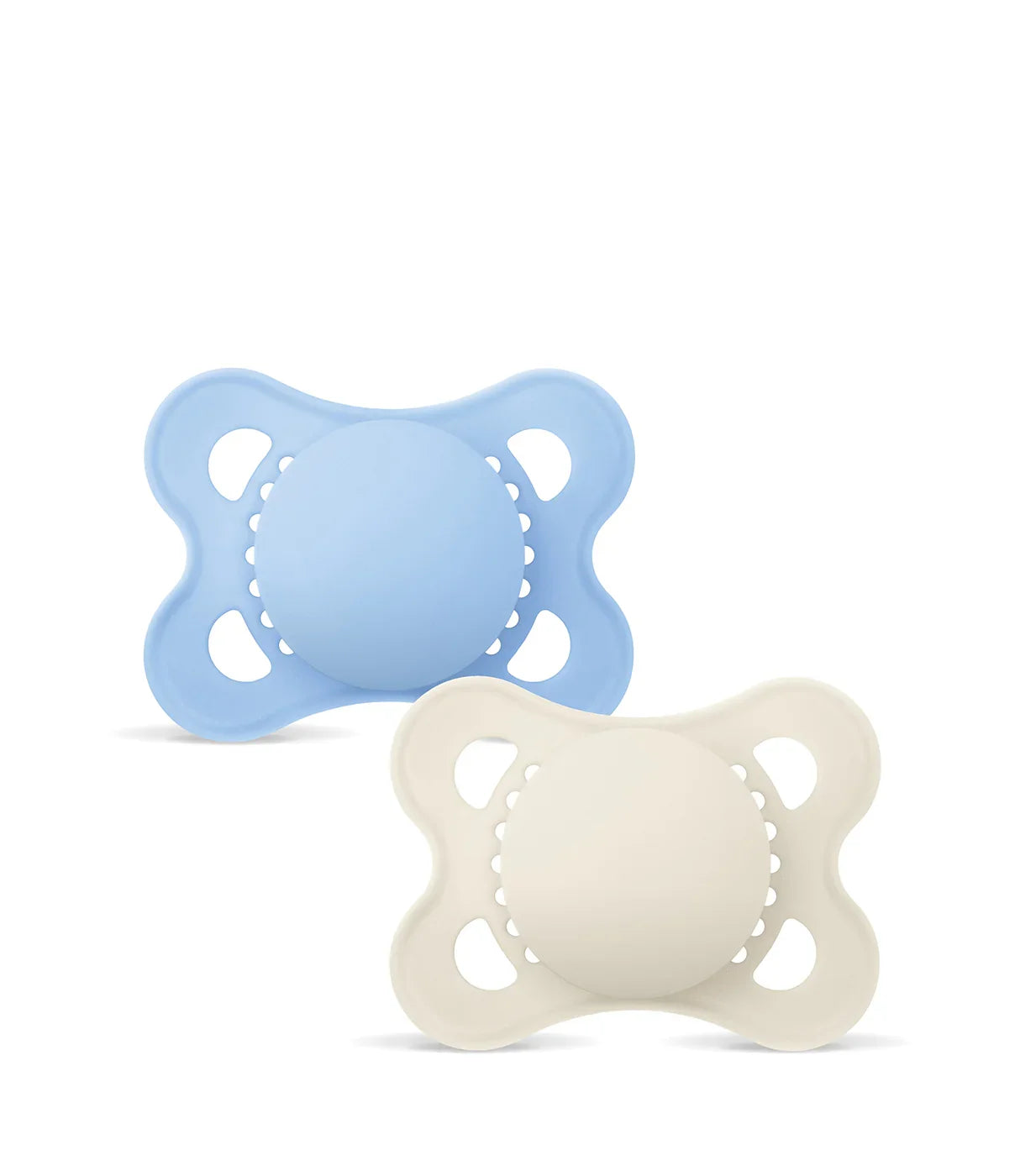 מוצצים לתינוק בצבע תכלת ובז' בעיצוב אנטומי, רקע לבן
