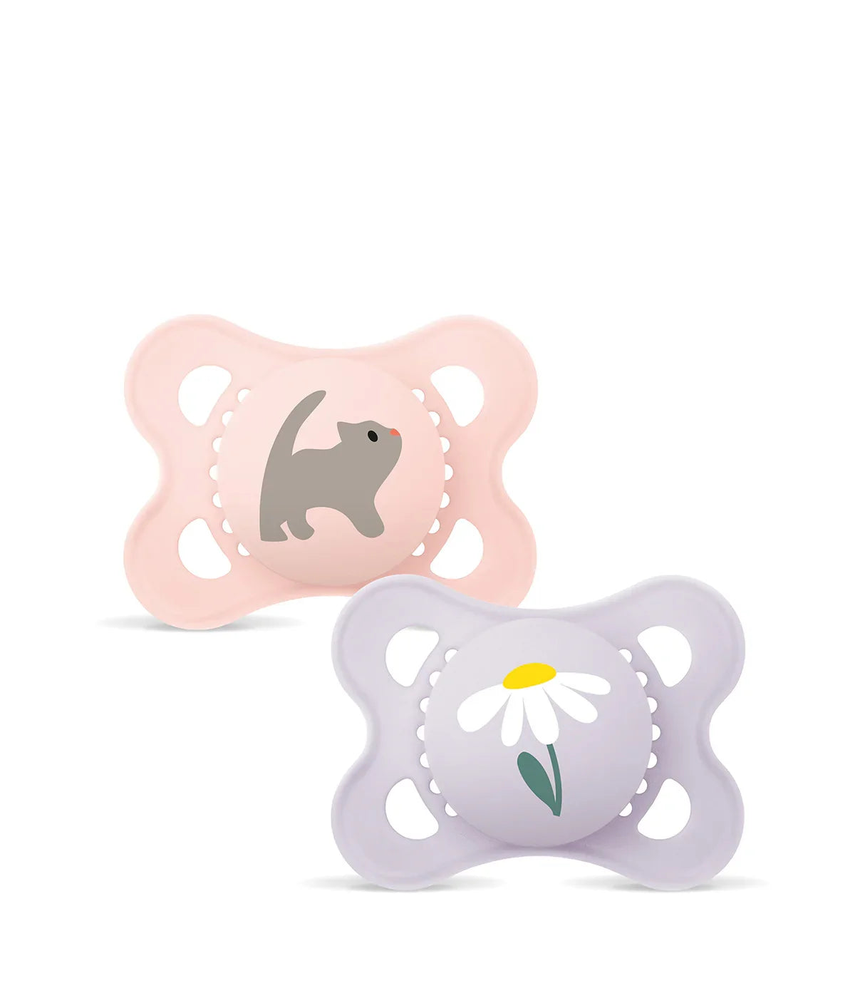 מוצצים צבעוניים לתינוקות, ורוד עם ציור חתול וסגול עם ציור פרח, עיצוב חמוד