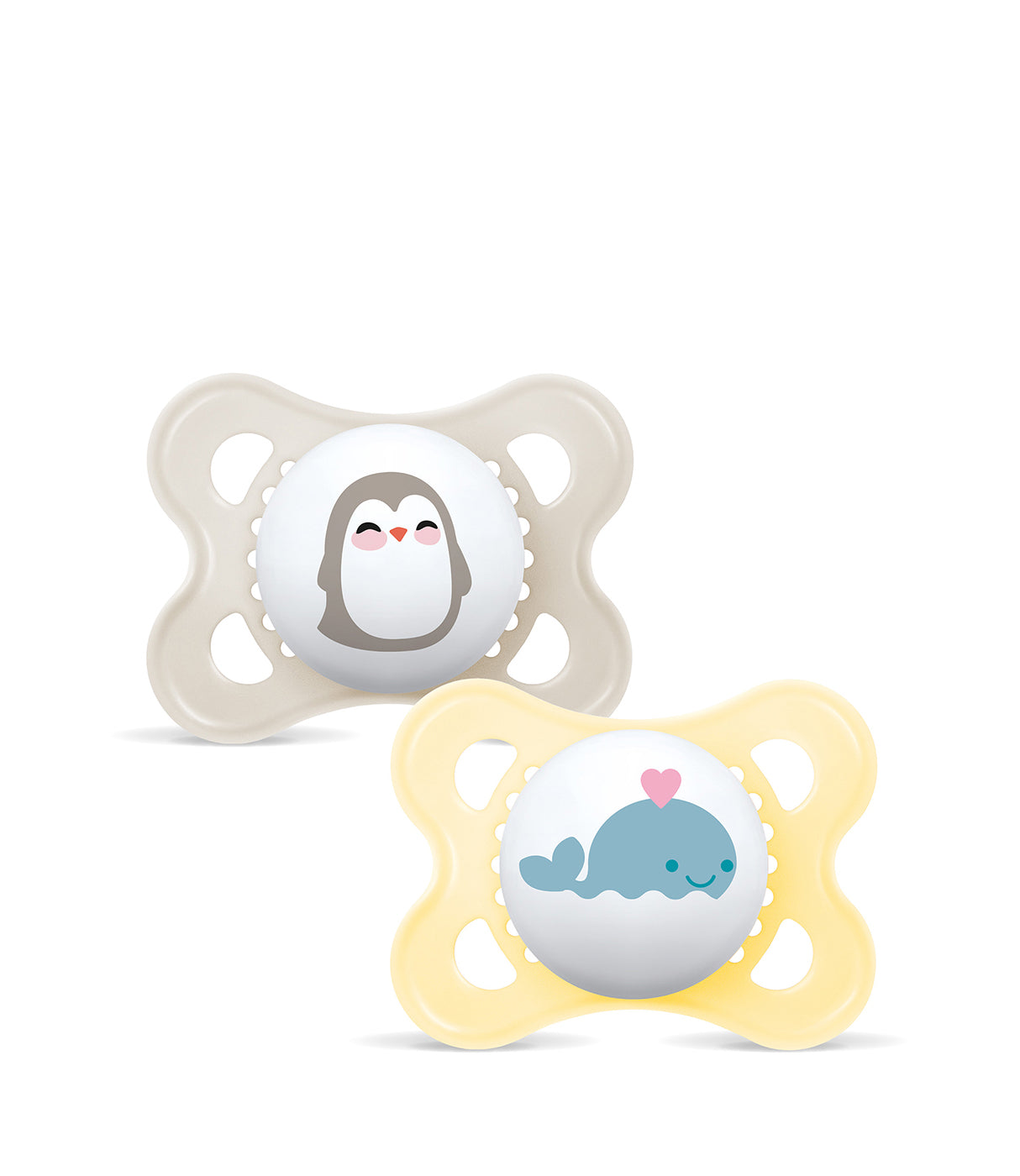 מוצצים לתינוק עם איורים של פינגווין ולוויתן, בצבעים בהירים ומתוקים
