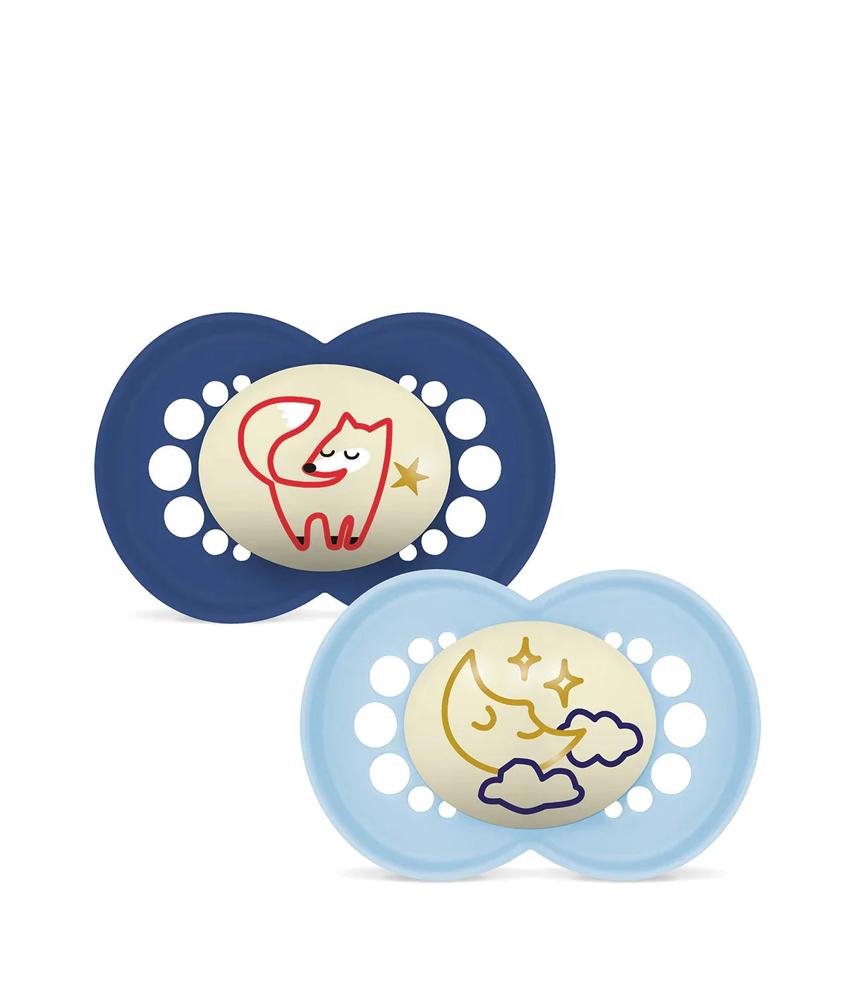 סט שני מוצצים לתינוק, עיצוב שועל אדום וירח עם כוכבים בצבעי כחול ותכלת