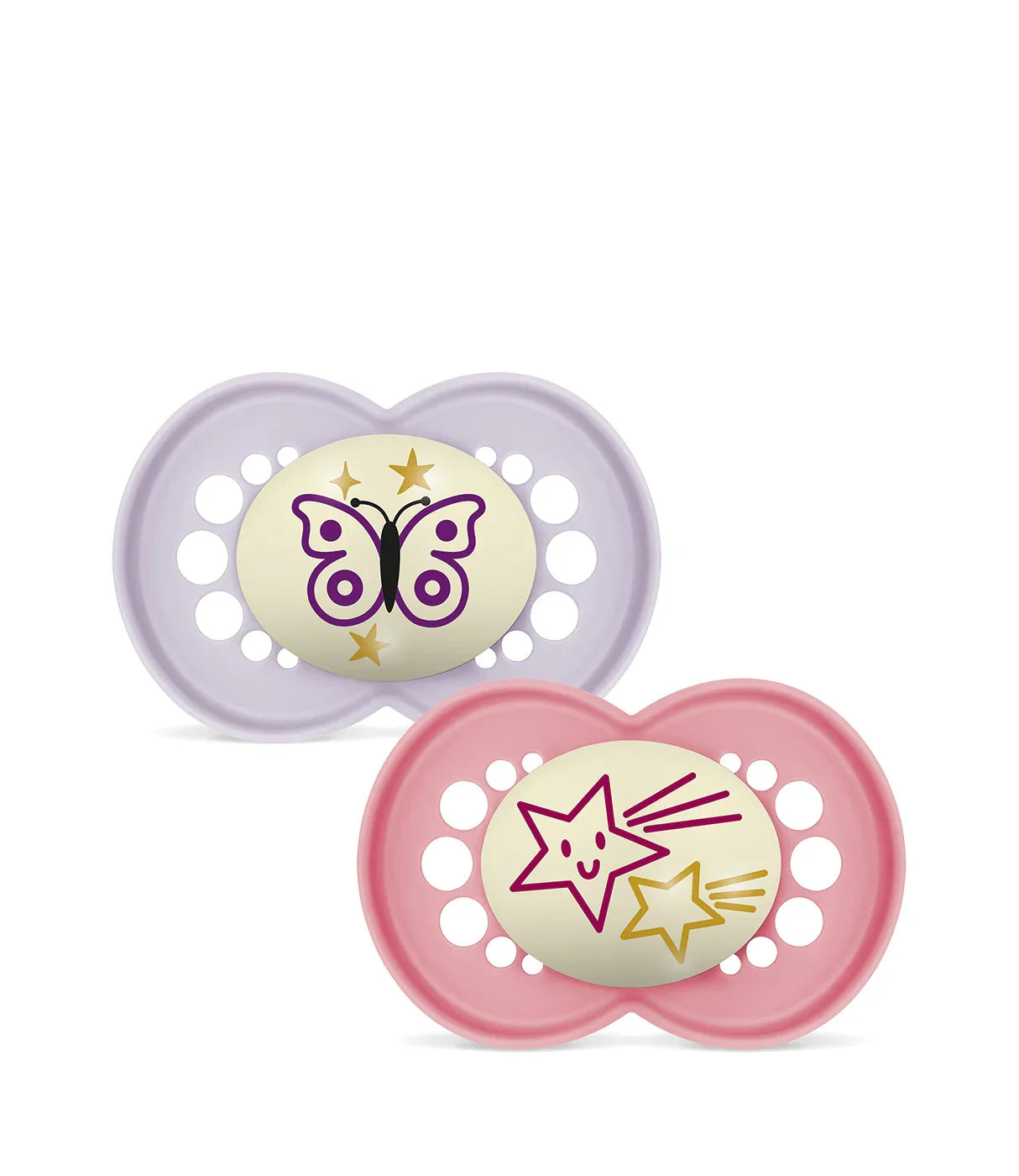 שתי מוצצים לתינוק בצבעים סגול וורוד, עם עיטורי פרפר וכוכבים על החלק הקדמי