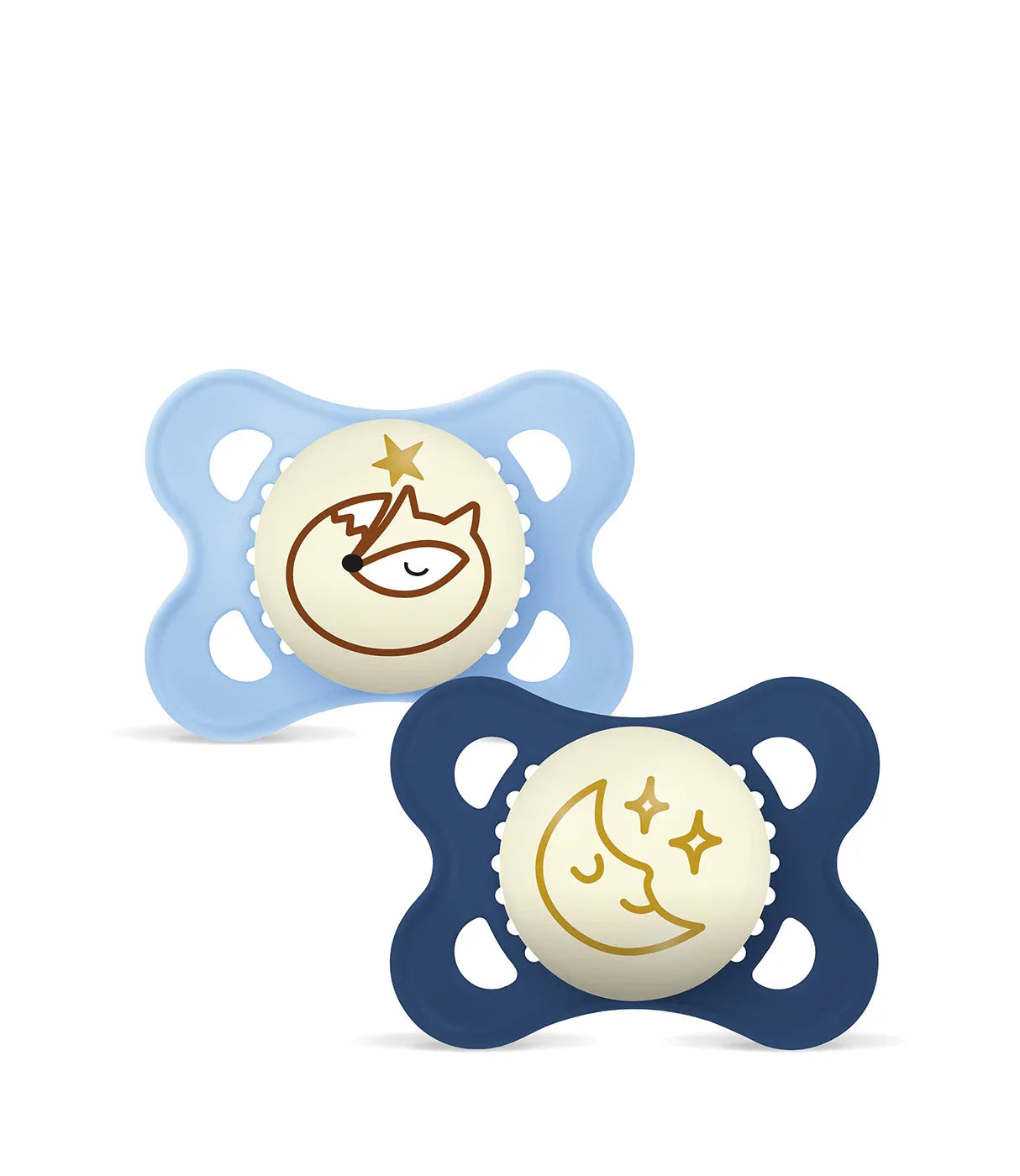 זוג מוצצים לתינוק, אחד כחול כהה ואחד תכלת עם ציורי ירח ושועל, עיצוב בייבי בטיחותי
