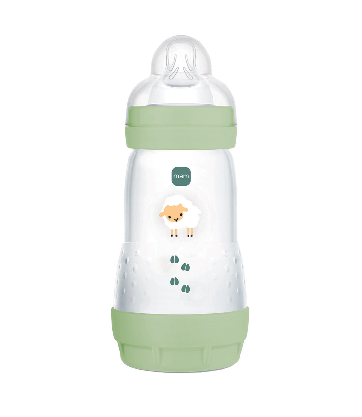 בקבוק תינוקות עם פטמה ירוקה, דגם mam, איור כבשה חמודה על הבקבוק