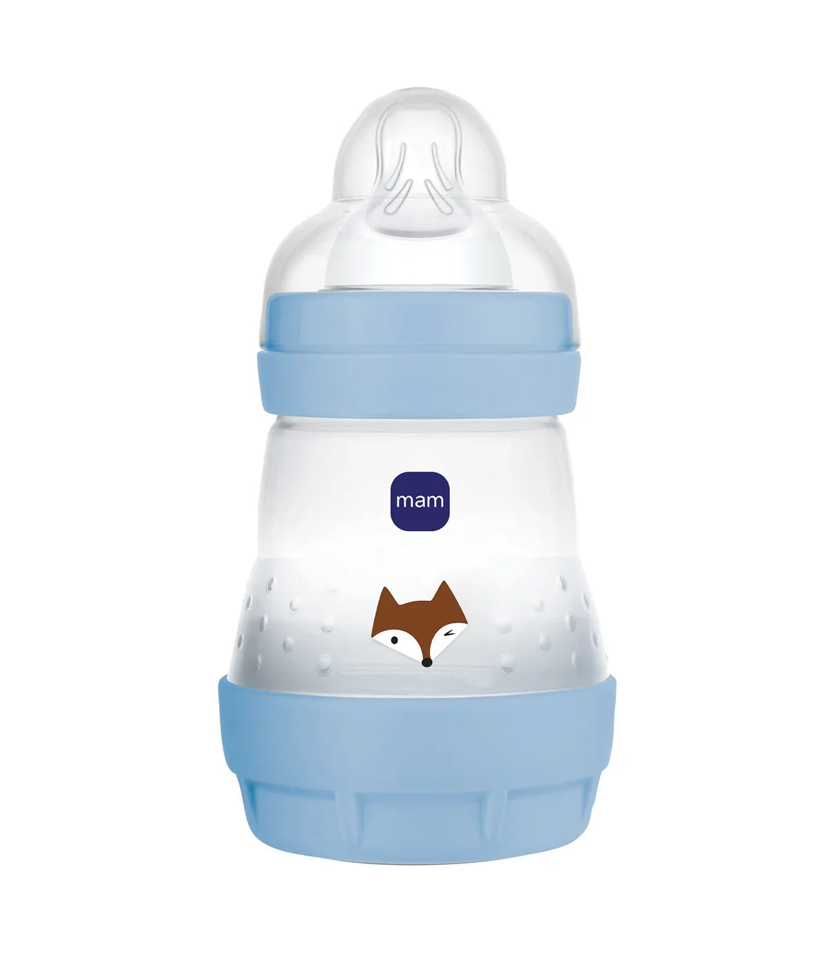 בקבוק תינוקות פלסטיק עם פטמת סיליקון, עיטור שועל וחלקים כחולים, מתאים להאכלת תינוקות