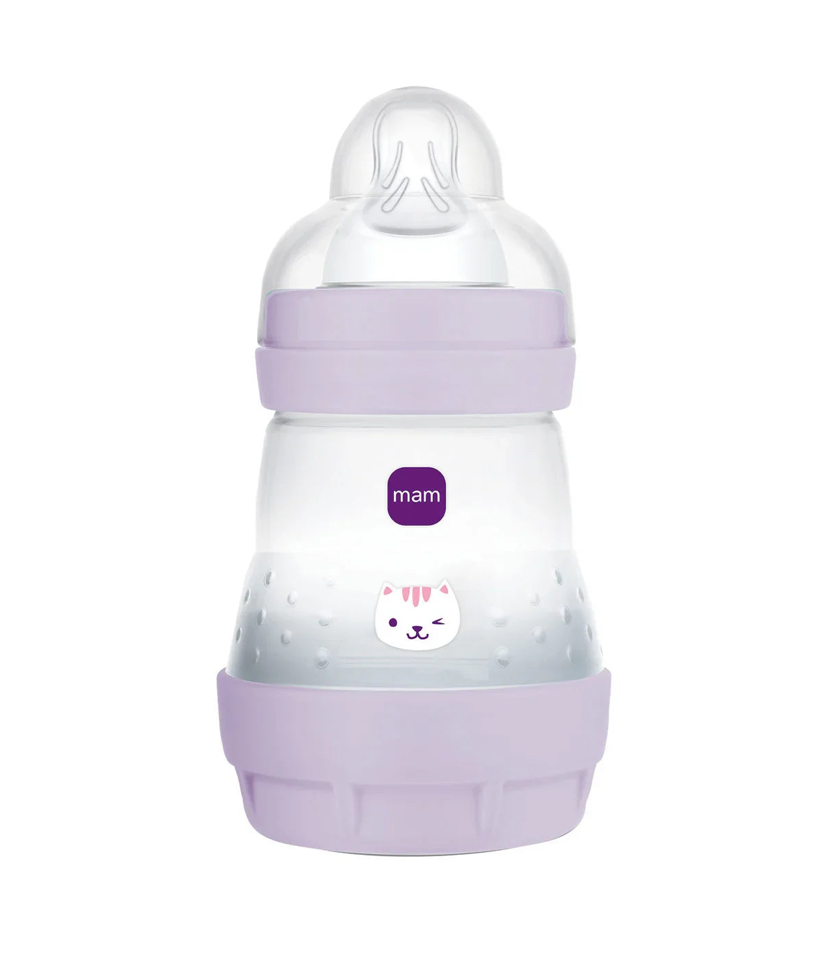 בקבוק תינוקות סגול עם פטמה רחבה, עיטור חתול ותווית mam על הבקבוק