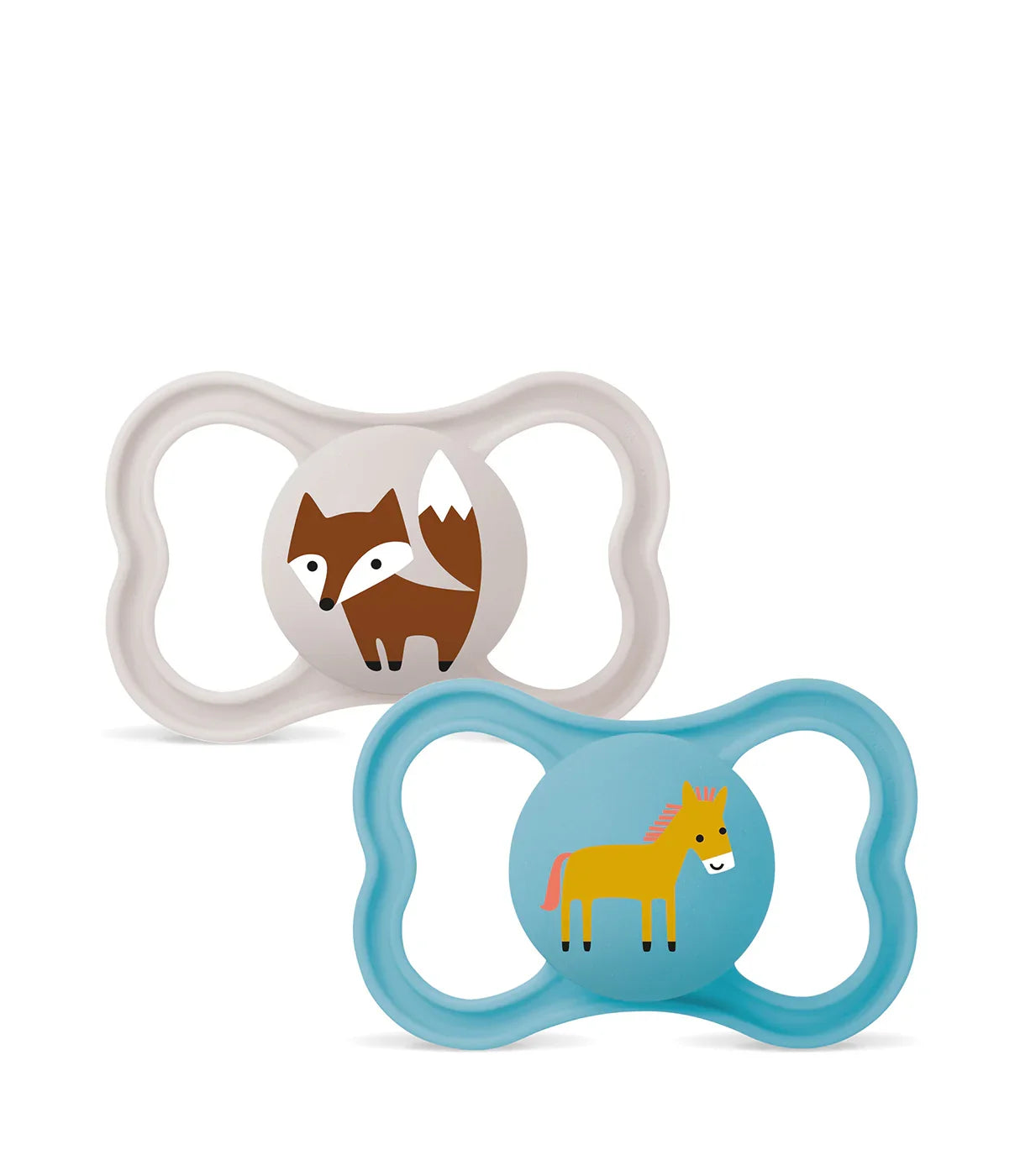 מוצצים לתינוקות בעיצוב חיות, שועל על רקע אפור וסוס על רקע כחול