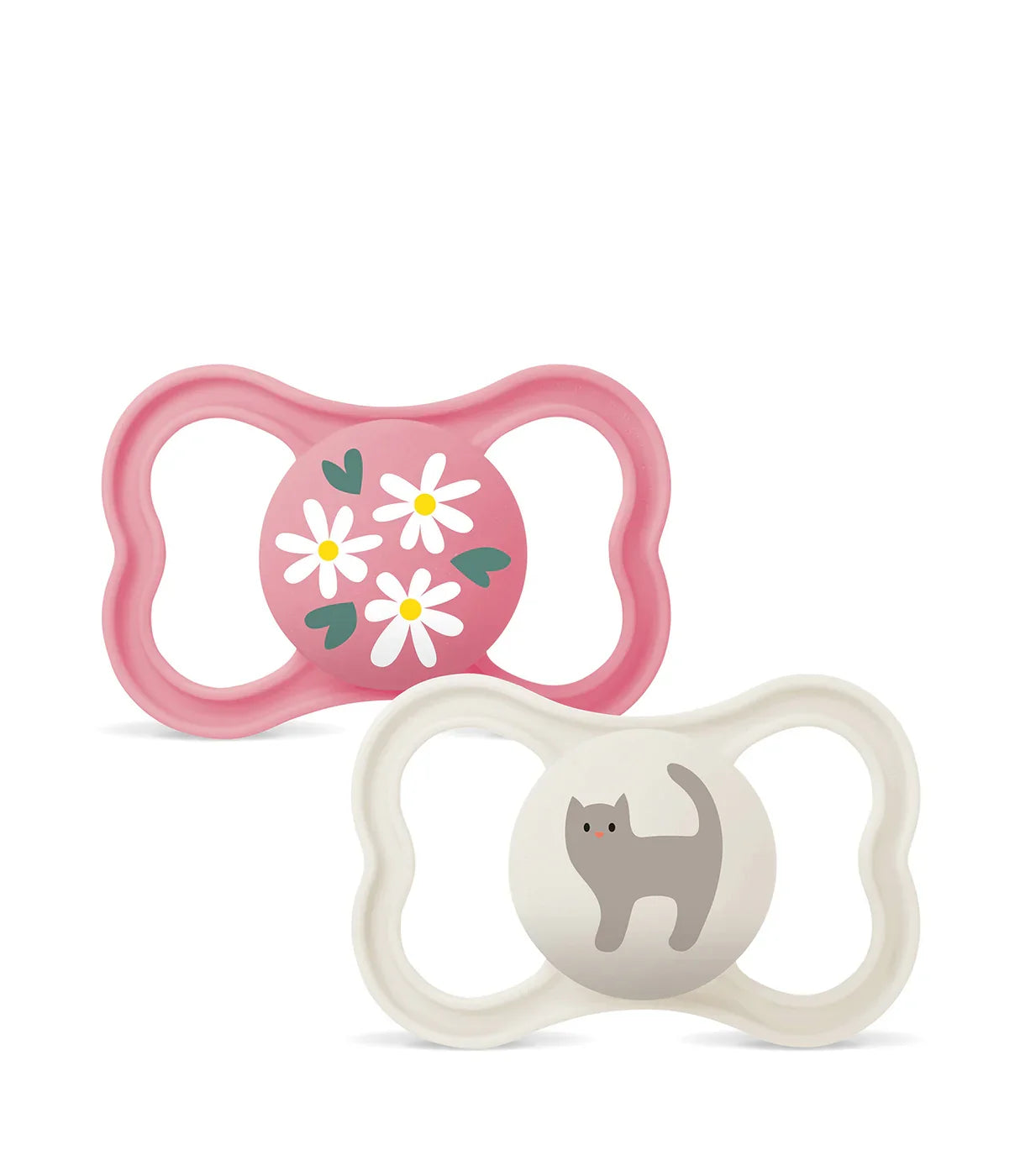 זוג מוצצים לתינוק בעיצוב פרחים וחתול, צבעים ורוד ולבן