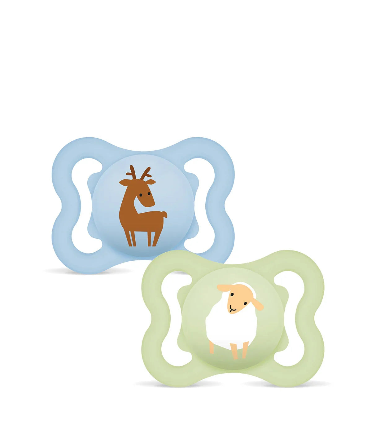 זוג מוצצים לתינוק, אחד בצבע כחול עם ציור אייל, ואחד ירוק עם ציור כבשה