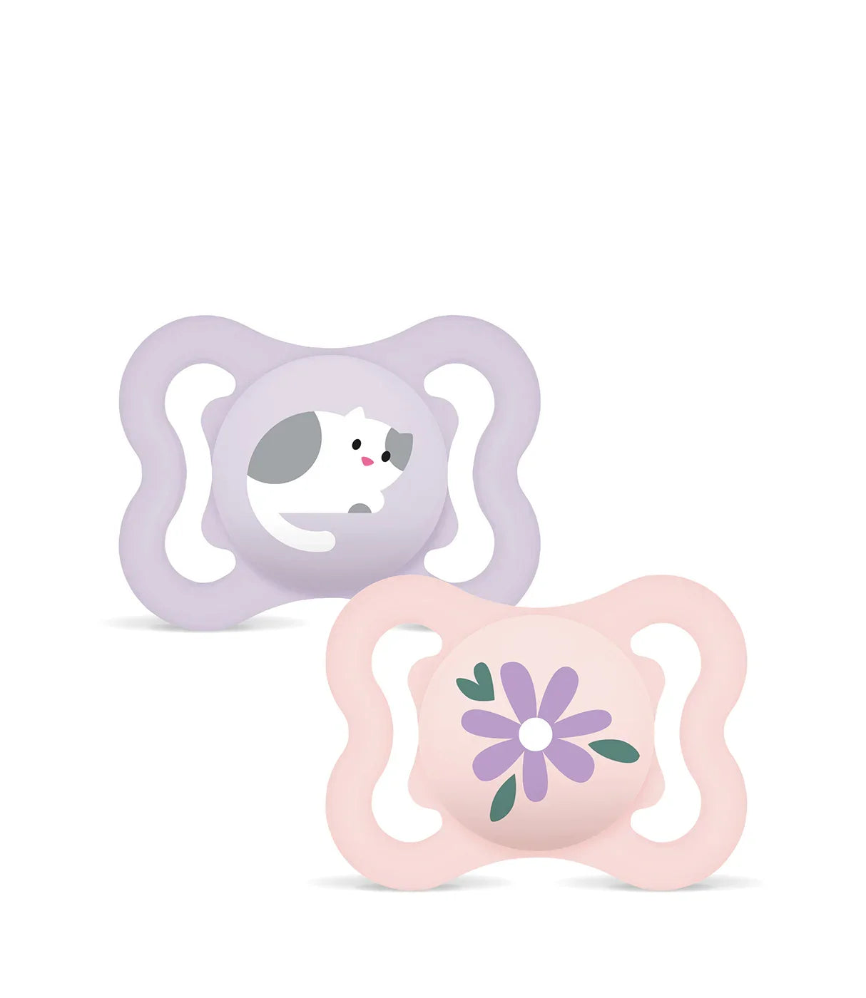 מוצצים לתינוק בעיצוב חתול פרחוני, צבעים סגול וורוד, עיצוב חמוד לבנות