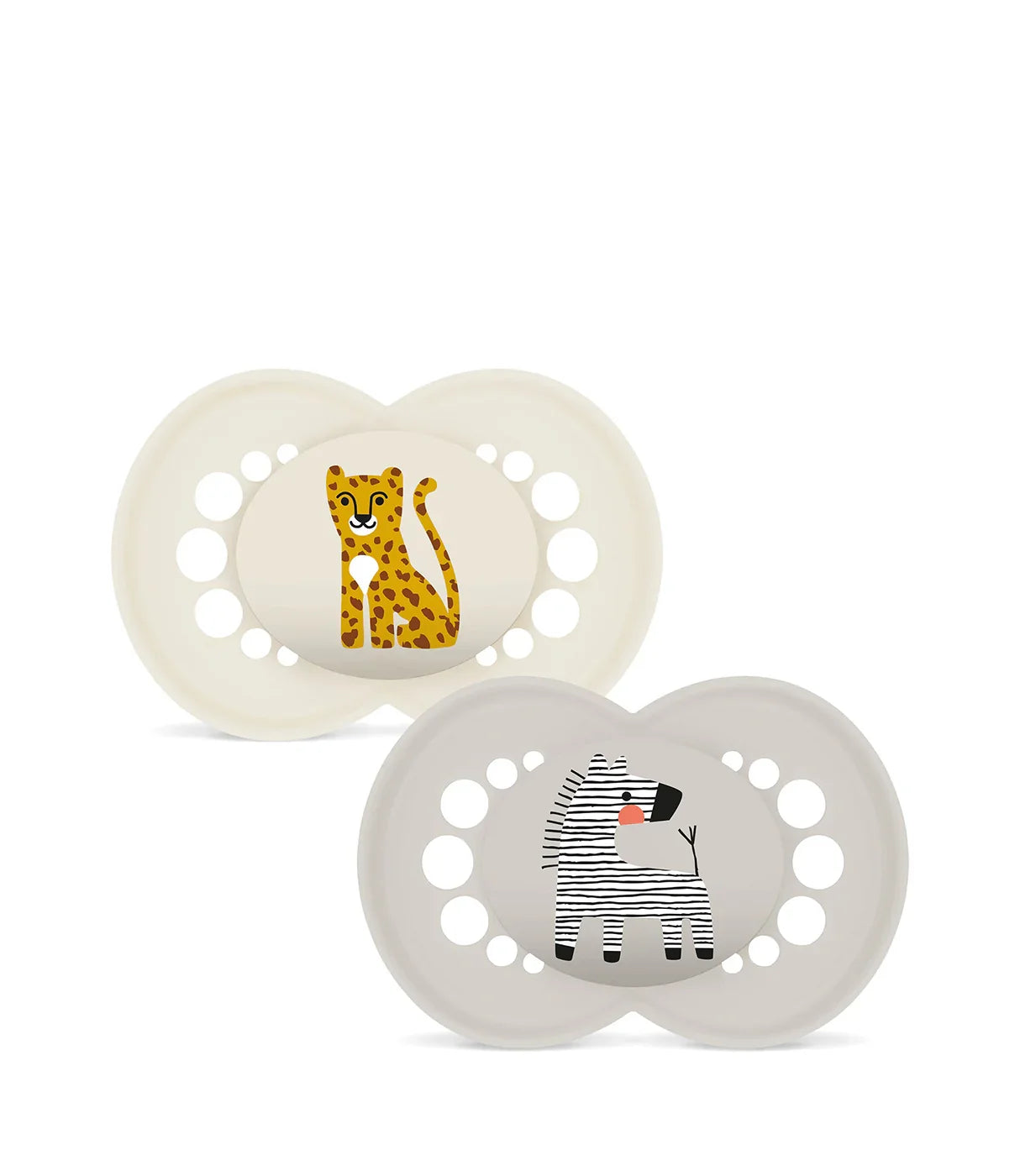שני מוצצים לתינוק עם ציור נמר וזברה, רקע לבן, עיצוב חיות חמודות