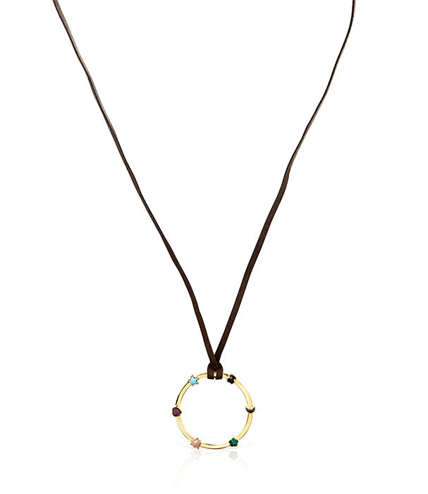 שרשרת חוט חום עם תליון עיגול זהוב ועיטורים צבעוניים, תכשיט אופנתי לנשים