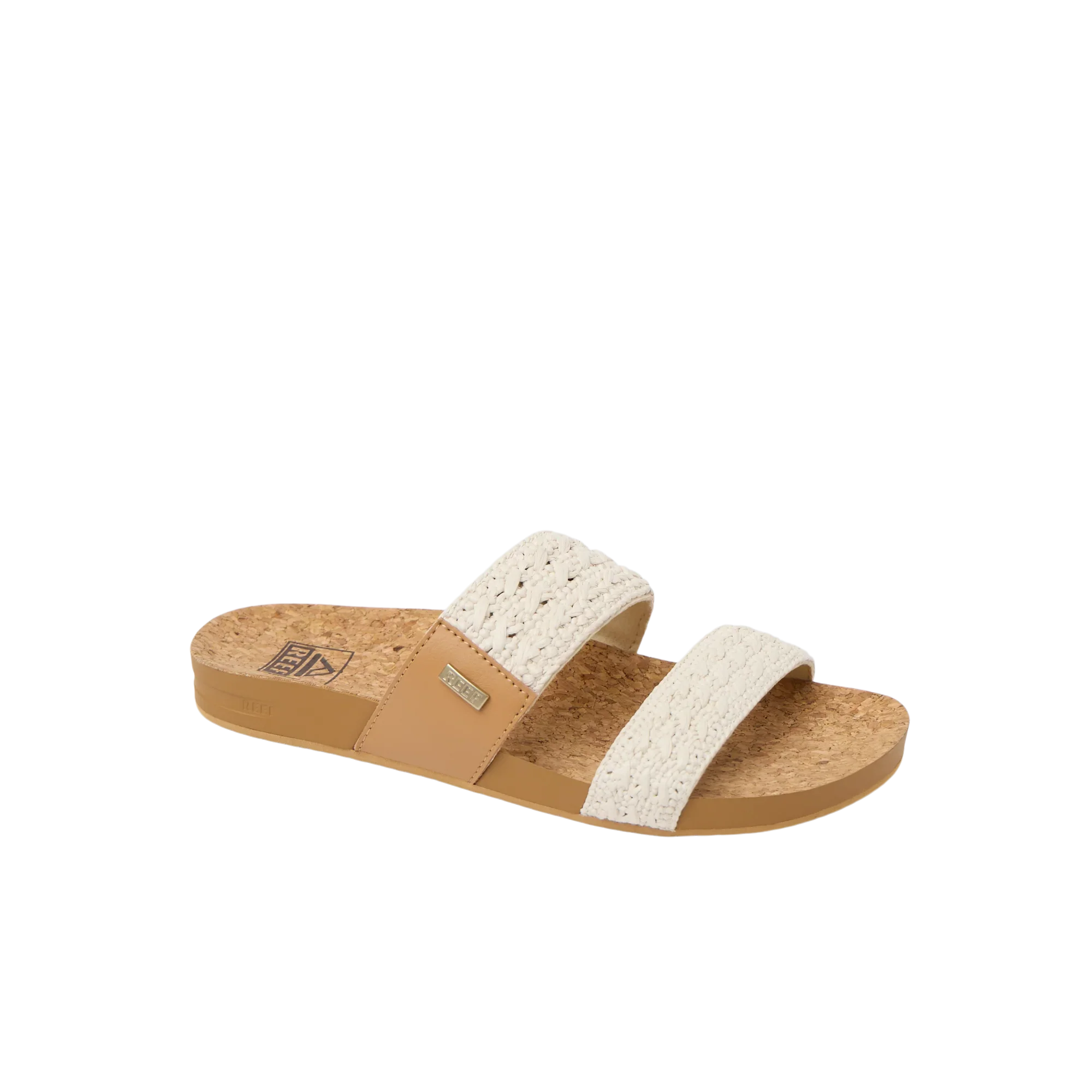 כפכף קיץ שטוח בצבע בז' עם סוליית שעם ורצועות בד קלועות בגוון שמנת לנשים