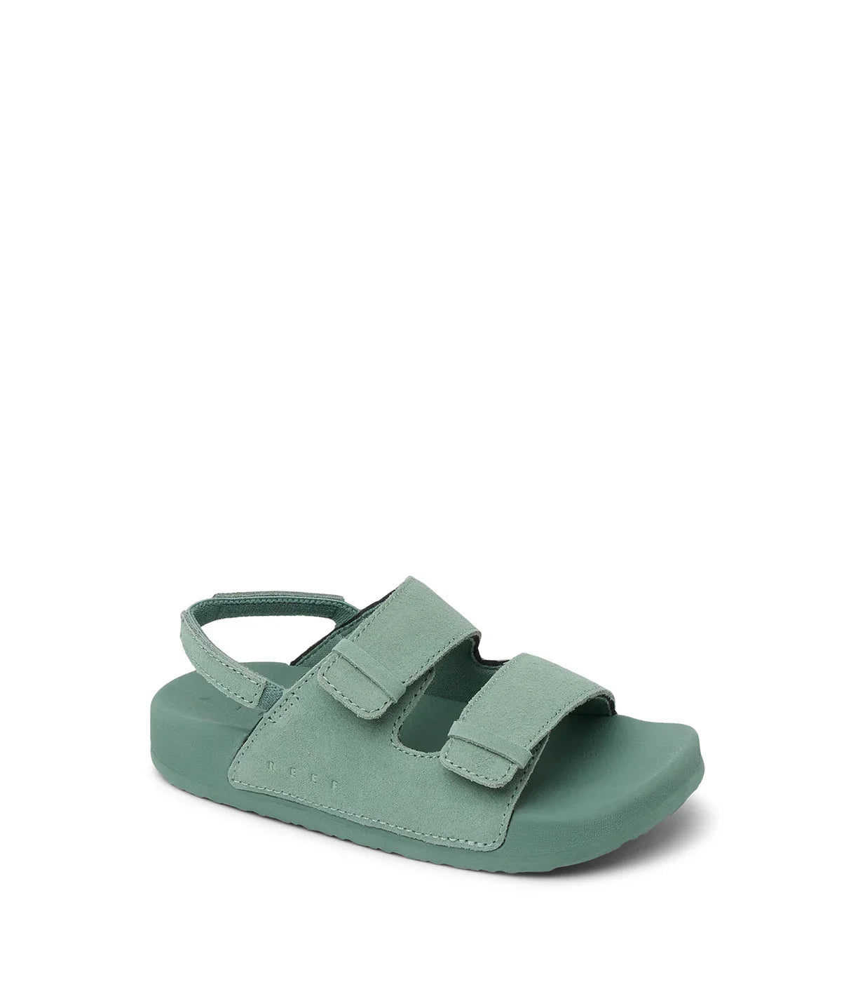 סנדל ילדים ירוק עם שני רצועות סקוטש וסוליה שטוחה, צילום על רקע לבן