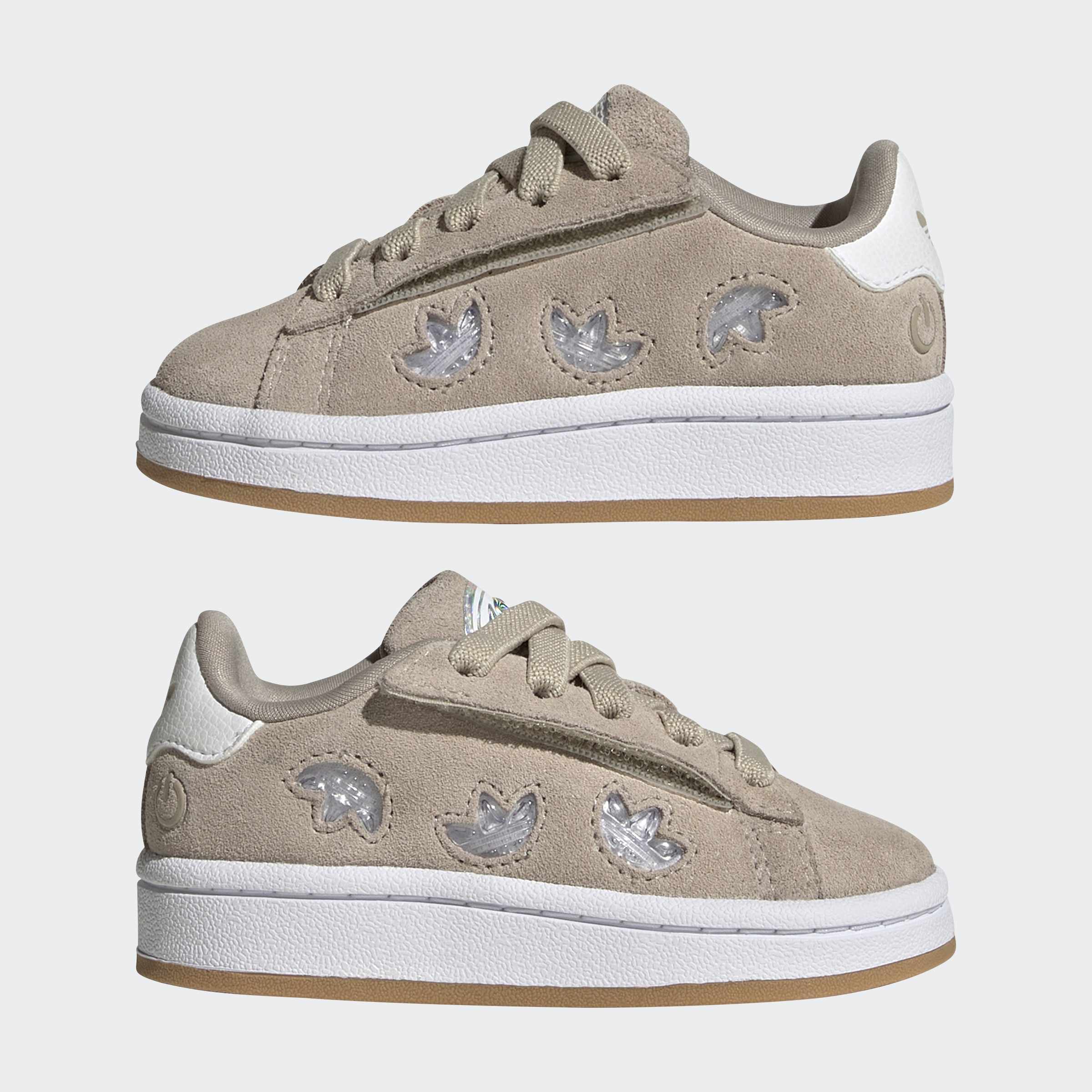 סניקרס ילדים בצבע בז', עיצוב זמש, סוליה לבנה ודוגמאות פרחים שקופות בצד