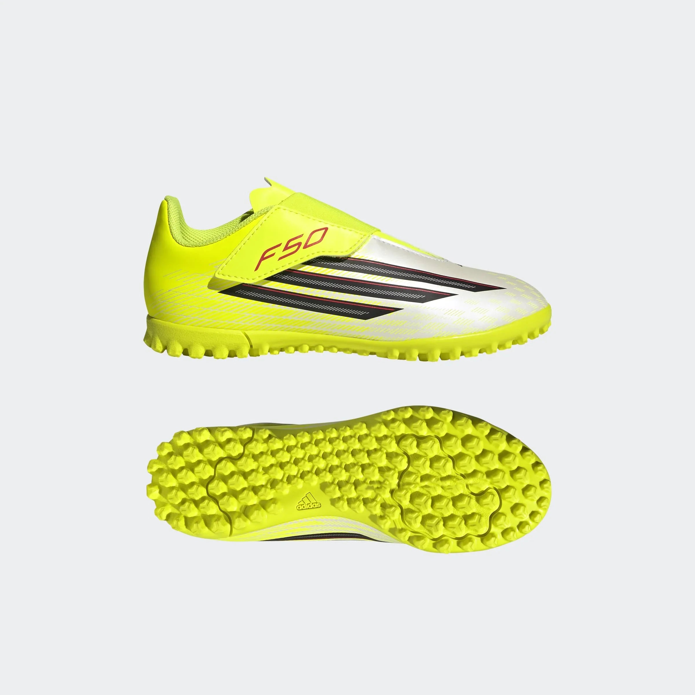 נעלי כדורגל אדידס F50 צהוב-לבן עם סוליה לגראס, צילום צד ותחתית, CHOZEN מותגים מובילים