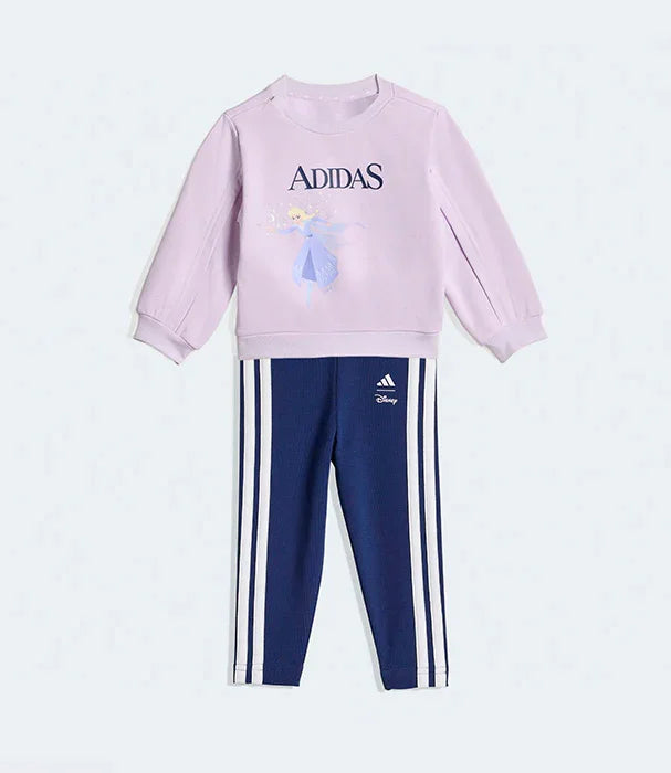 סט ילדים אדידס דיסני, חולצה סגולה עם דמות, מכנסיים כחולים עם פסים לבנים, CHOZEN