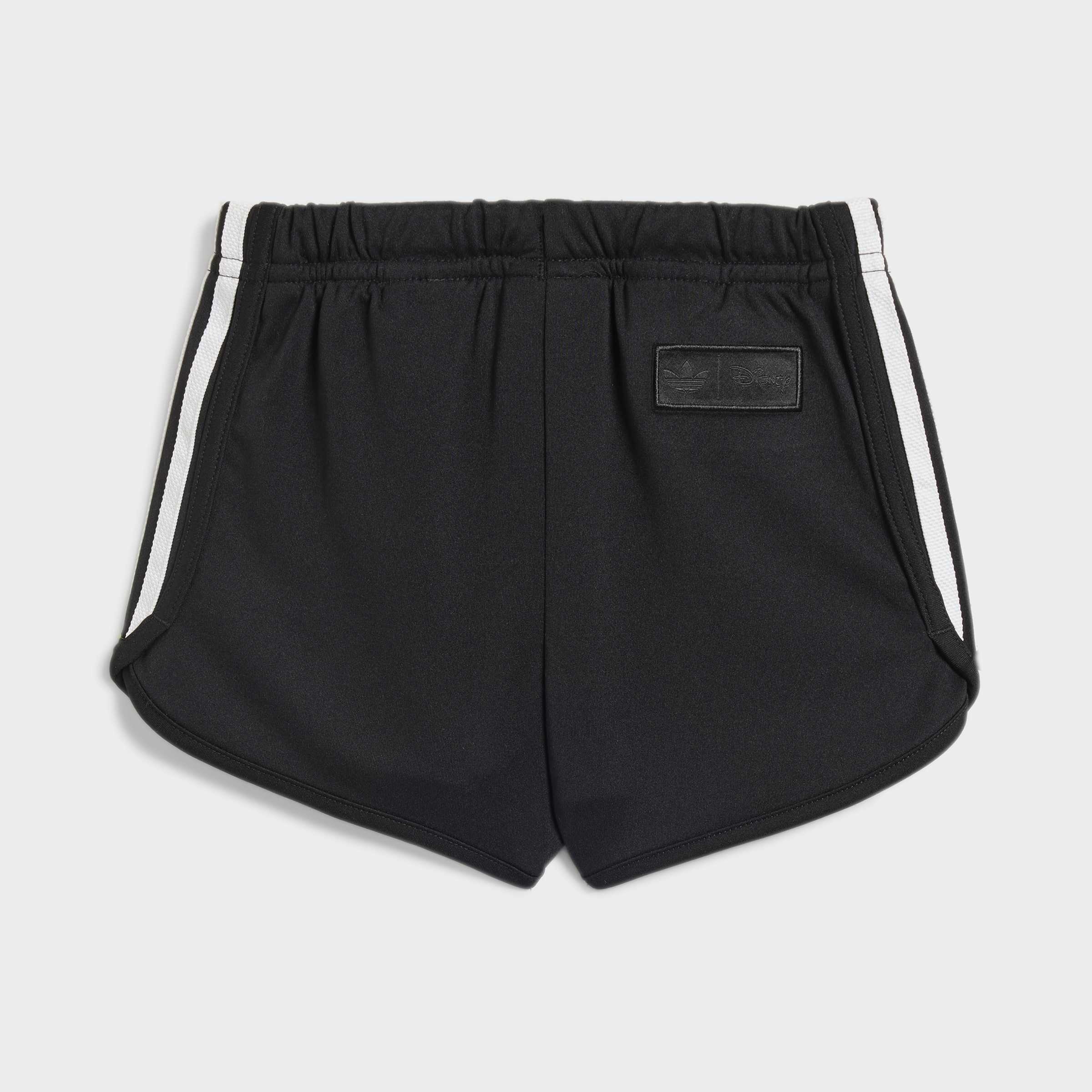 מכנסיים קצרים שחורים עם פס לבן בצדדים, תפר אלסטי וחזית אחורית