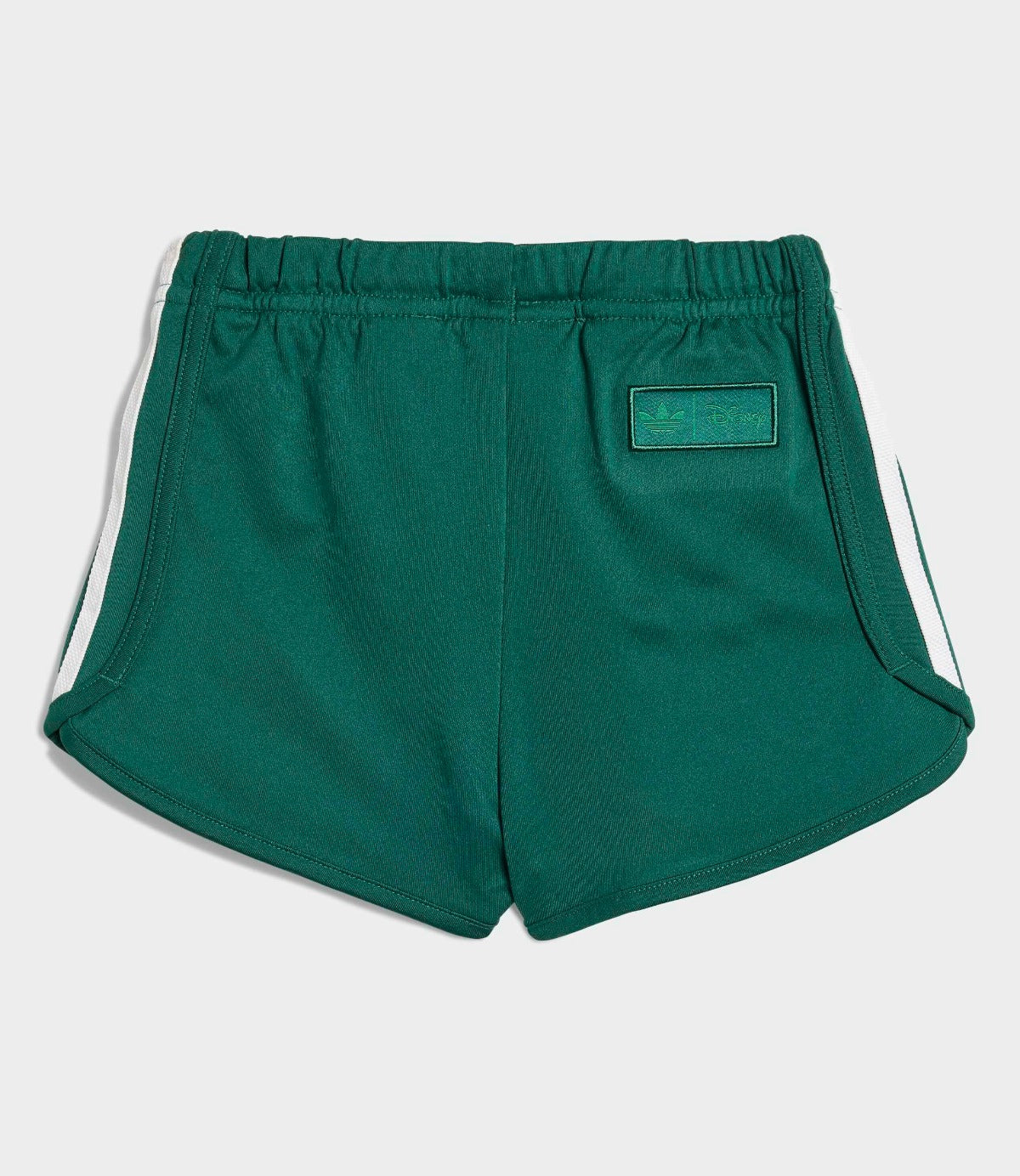 מכנסי ספורט ירוקים קצרים עם פסי צד לבנים, גזרת גומי, מבט מאחור