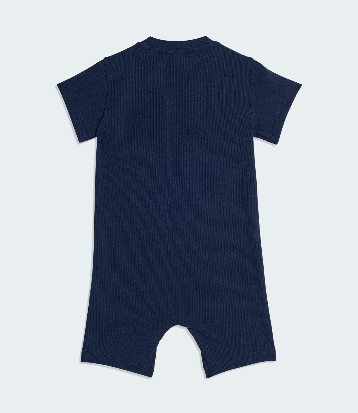 אוברול תינוקות קצר בגוון כחול כהה, צילום גב, בד רך ואחיד