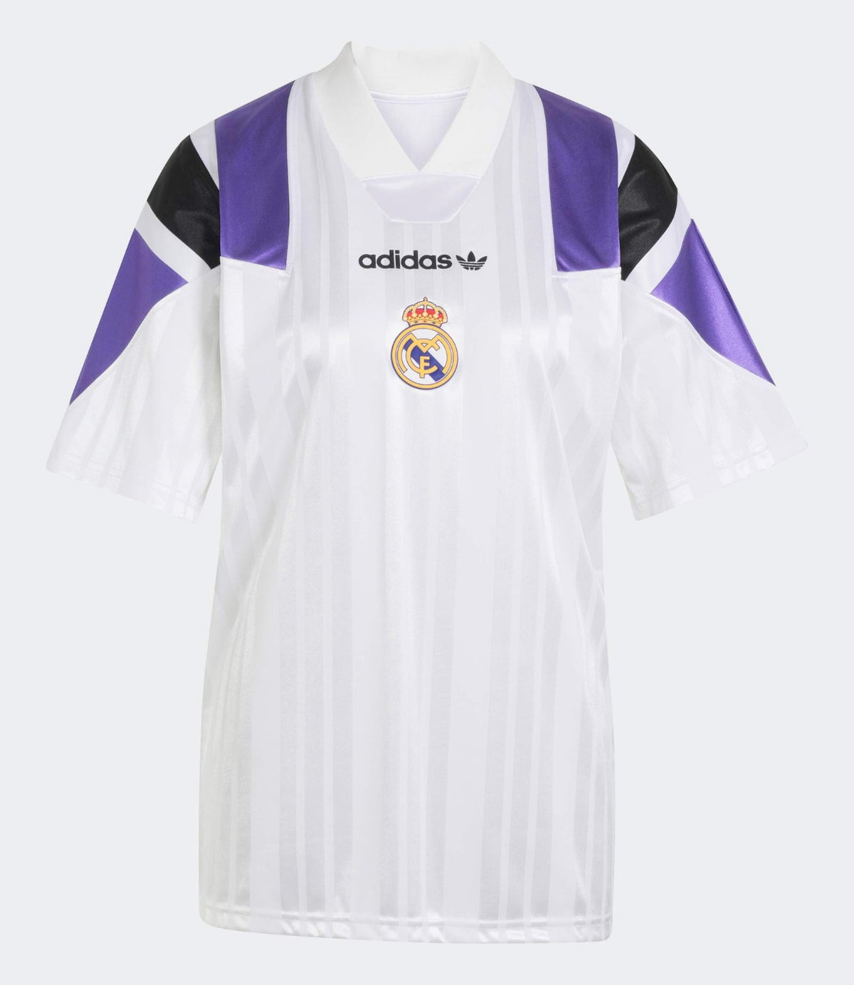 חולצת כדורגל REAL MADRID לבנה של אדידס עם פסי כתפיים סגולים-שחורים, מבט קדמי - CHOZEN