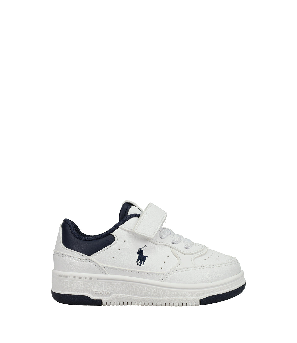 נעל סניקרס ילדים לבנה עם שרוכים וסגירת ולקרו, דיטיילים כחולים ולוגו רקום