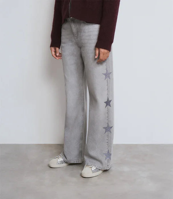 מכנסי ג'ינס ישרות אפורים עם כוכבים בצד לנשים, אופנה טרנדית CHOZEN