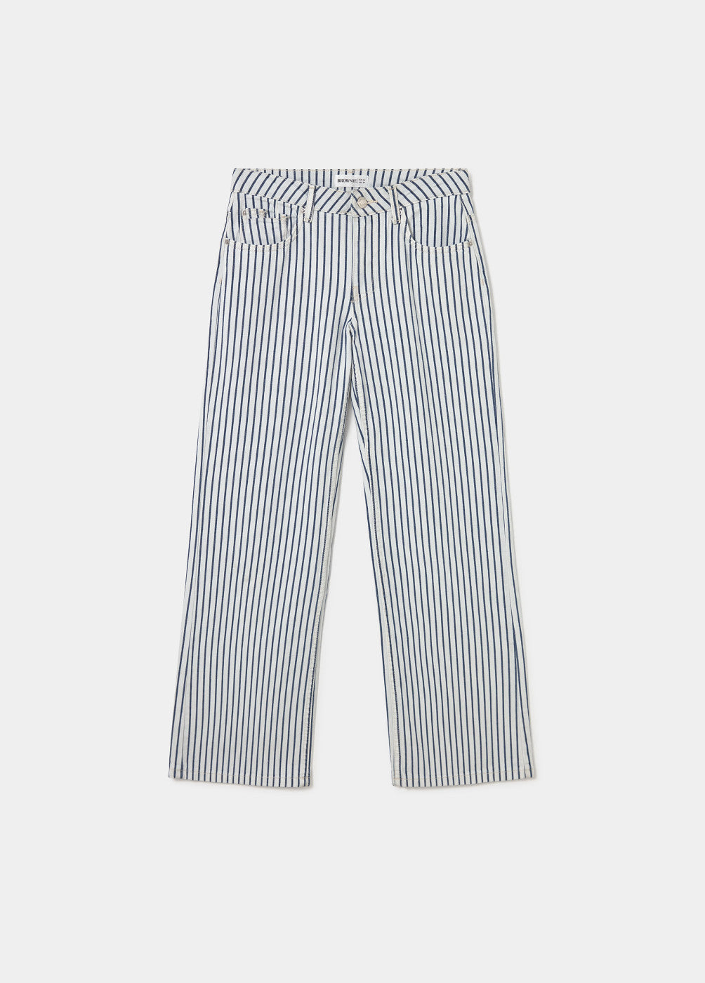 מכנסיים רחבים פסים אנכיים בצבע לבן וכחול, גזרה גבוהה, מראה אופנתי לנשים