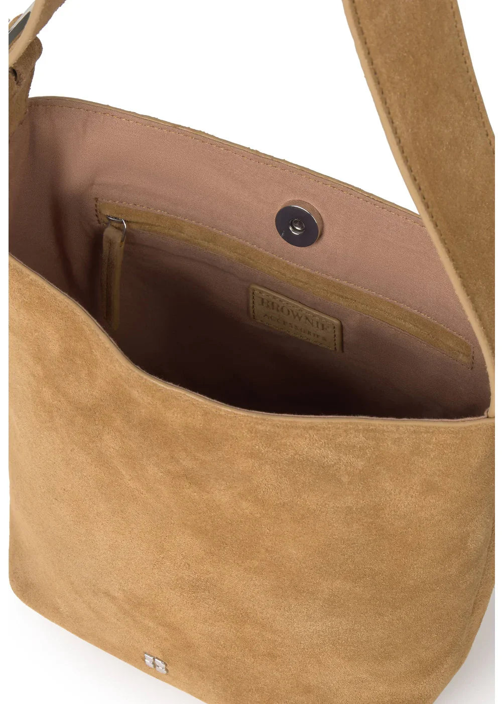 תיק כתף מעור זמש בצבע בז', מבט פנימי, עיצוב יוקרתי של CHOZEN, קבוצת אלפא