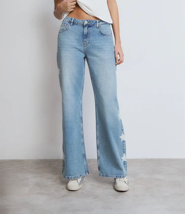 ג'ינס רחב בהדפס כוכבים לבנים בצדדים, אופנה טרנדית מבית CHOZEN