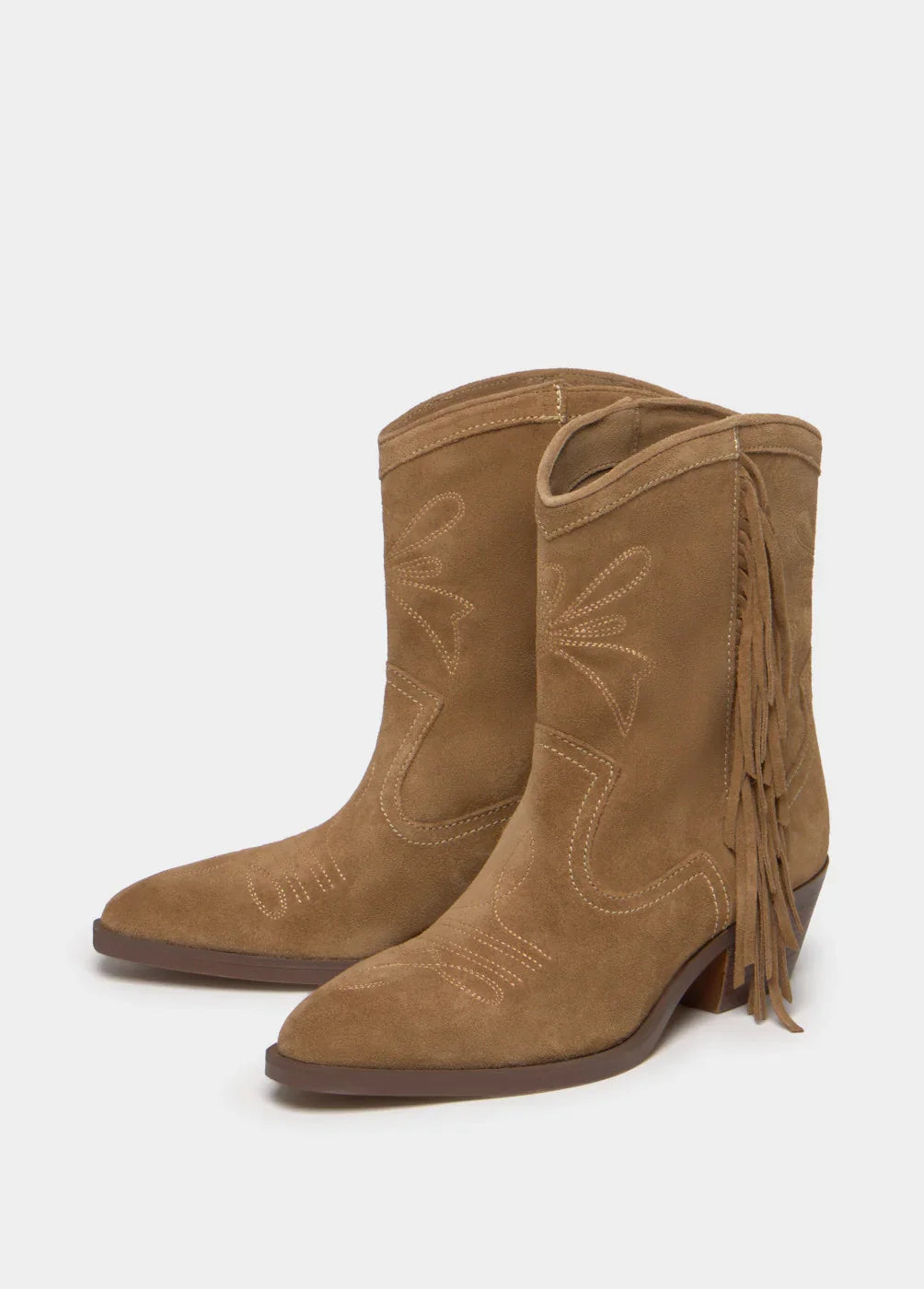 מגפיים חומות בסגנון בוקרים לנשים, זמש עם עיטורי תפרים ופרנזים, CHOZEN בגדי אופנה