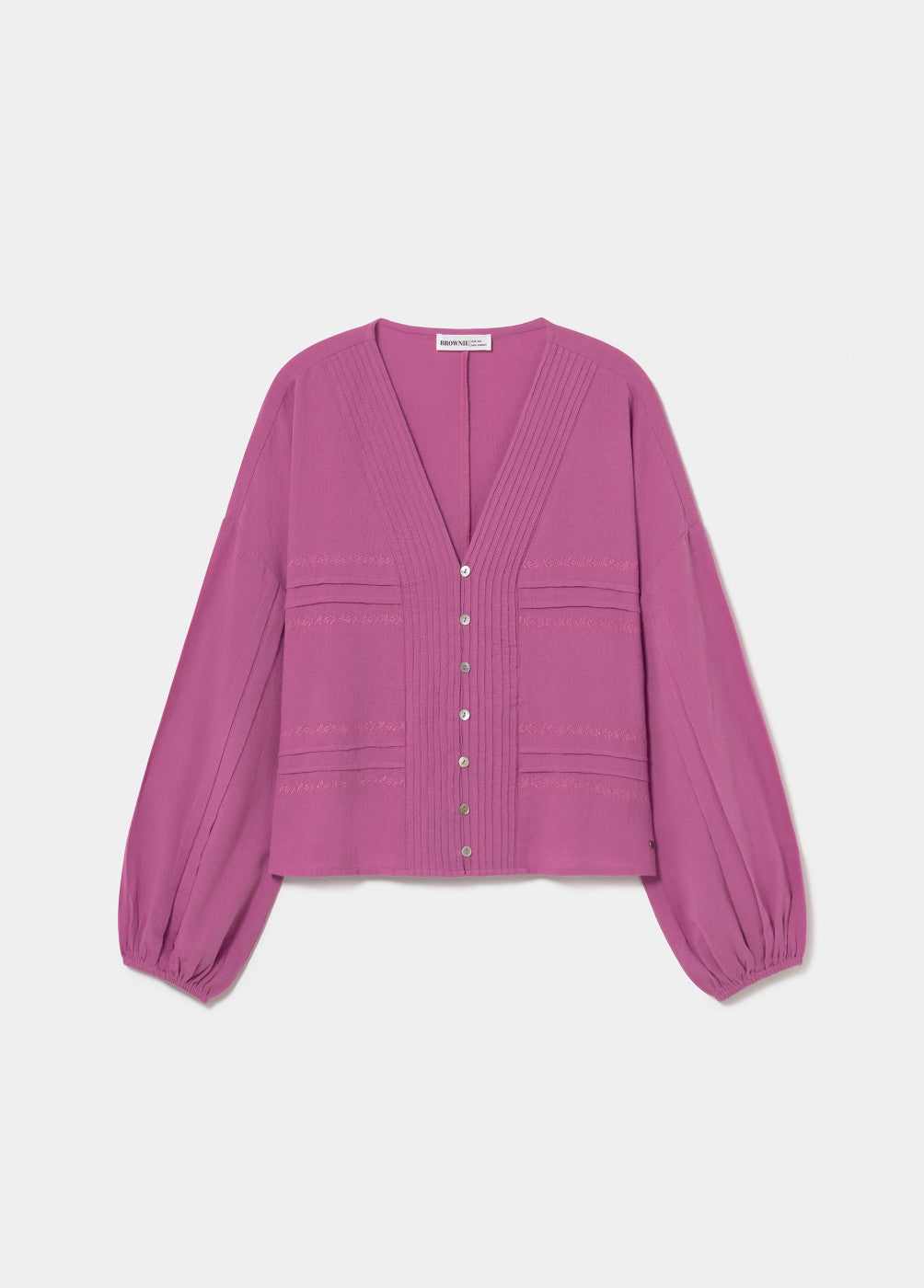 חולצה סגולה ארוכה לנשים עם כפתורים, שרוולים נפוחים ועיצוב מודרני