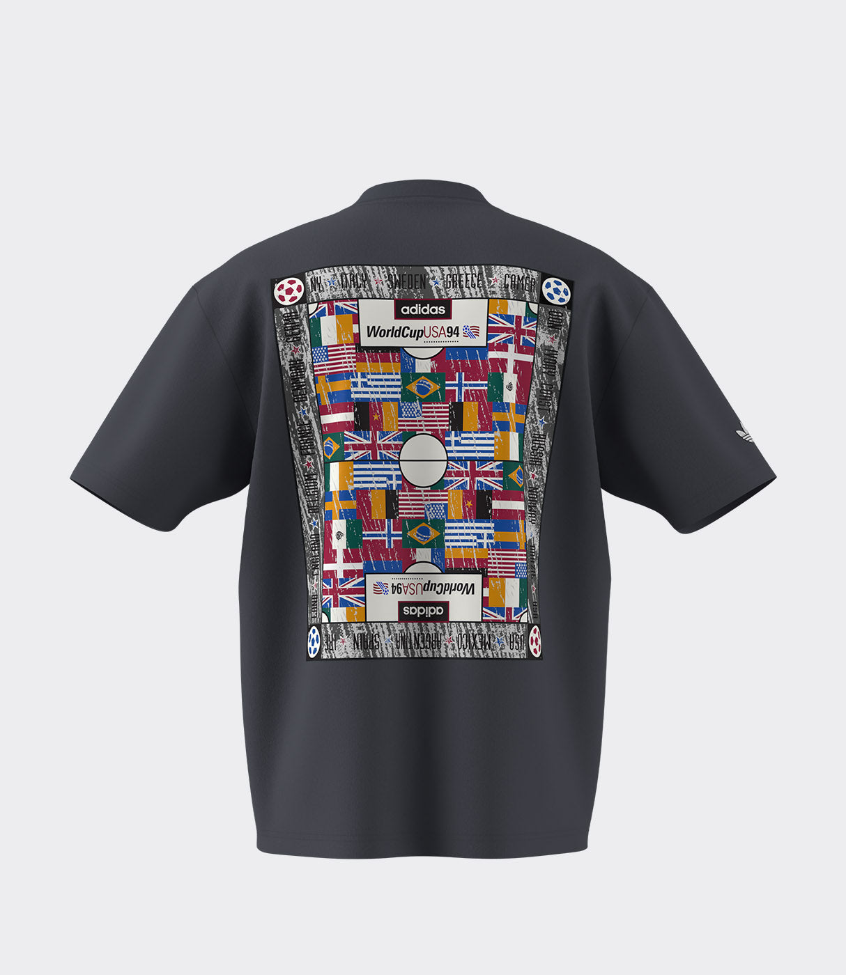 חולצת טישרט שחורה עם דגלי מדינות והדפס WorldCupUSA94 על הגב, בסגנון ספורטיבי
