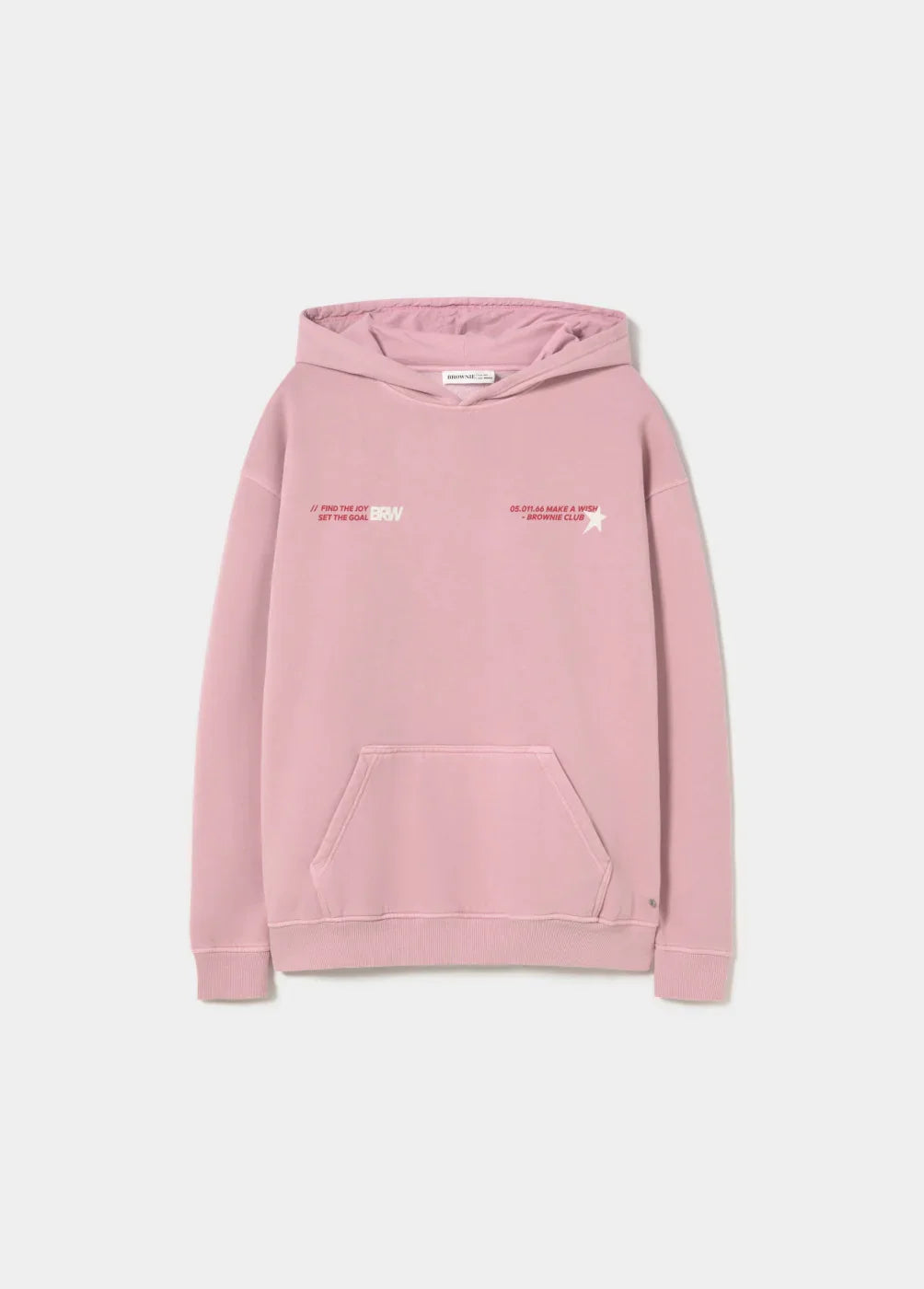 קפוצ׳ון ורוד בהדפס טקסט לבן מקדימה, מותג אופנה CHOZEN, צילום על רקע לבן