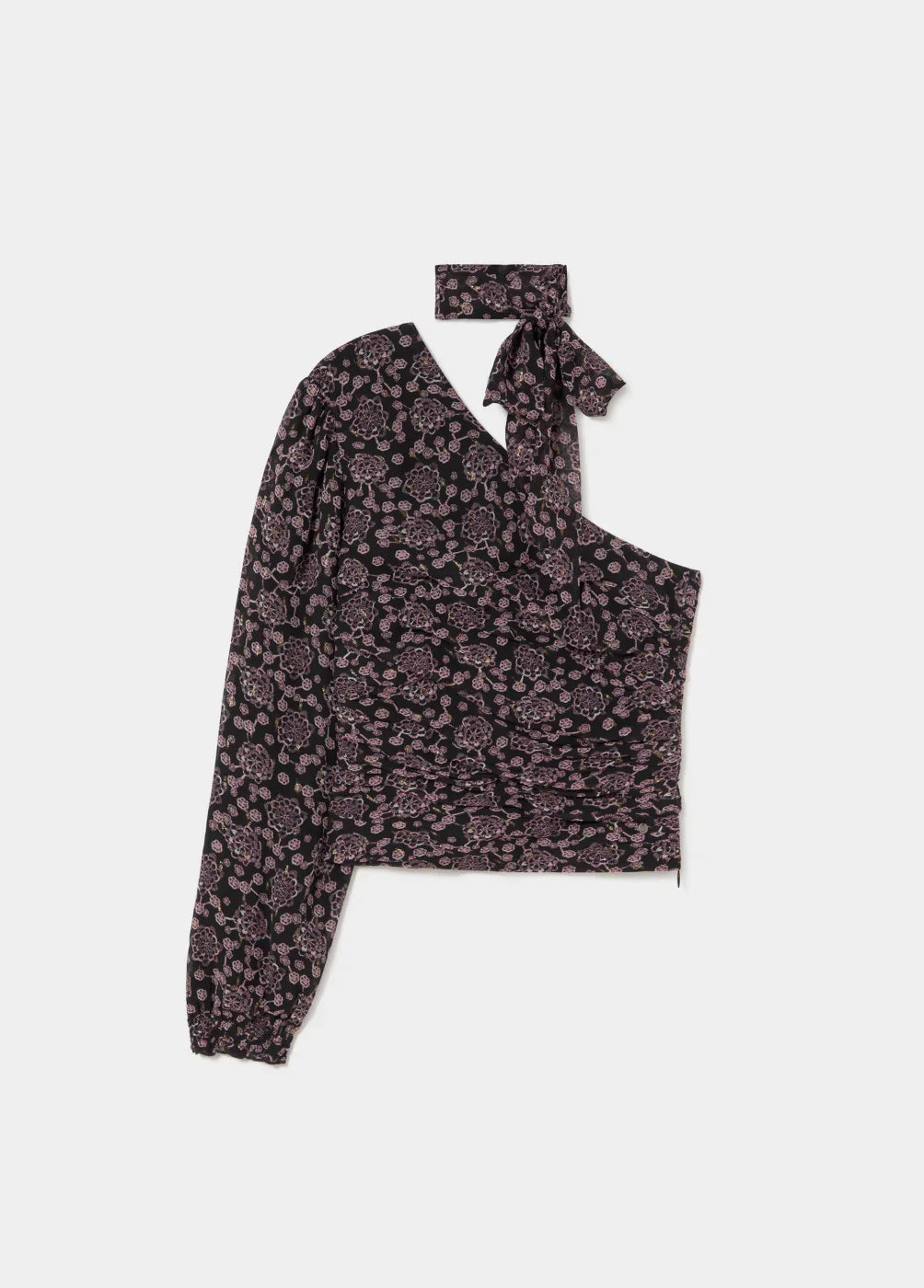 חולצת נשים שחורה עם שרוול אחד ודוגמה פרחונית, מותג אופנה CHOZEN