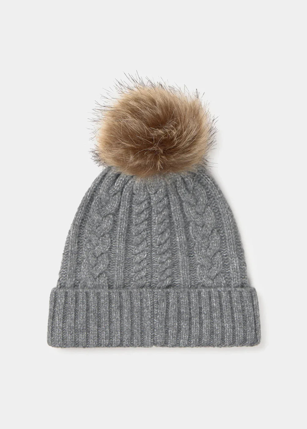 כובע סרוג אפור עם פונפון פרווה חום, אופנתי מבית CHOZEN